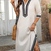 Elegant V-Neck Maxi Dress with Black & White Floral Print, 3/4 Sleeve, Side Slit, Polyester Blend for Women - Spring/Summer Casual Wear, Casual Elegant Dress | Breezy Maxi Dress | Woven Texture, Cute Dress