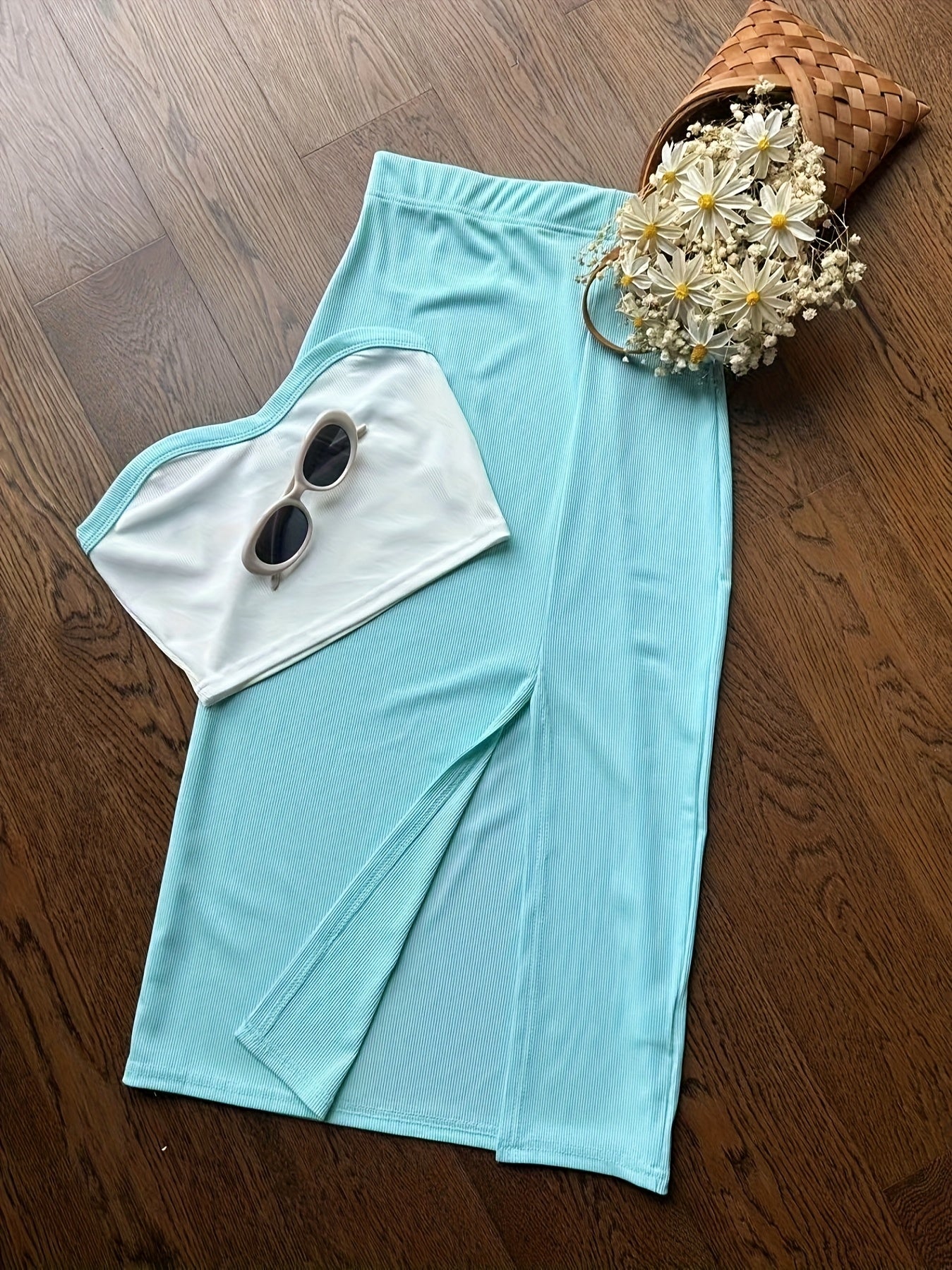 2pcs Women's Elegant Off-Shoulder Tube Top & Flared Skirt Set - Solid Color, Smooth Polyester Fabric, Medium Stretch - Spring/Summer Essentials | Machine Wash Safe | Contrast Binding Details