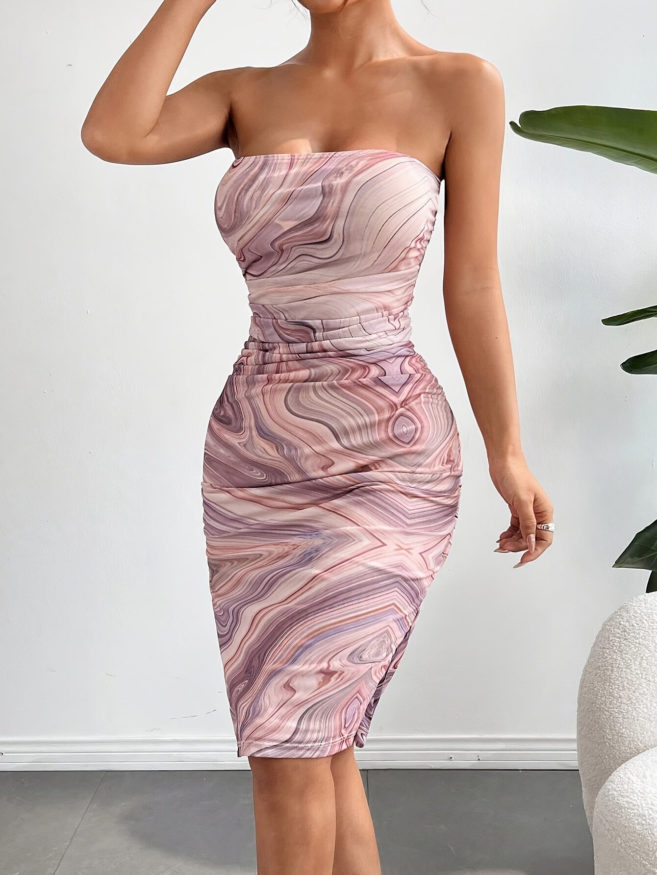 Women's Sexy Off-Shoulder Marble Print Midi Dress with High Side Slit - Stretchy, Knee-Length, Abstract Blue & Gray Pattern, Ruched Front, Summer Chic