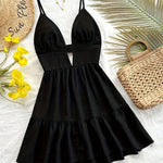 Women's Black V-Neck Open Back Ruched Waist Sleeveless Dress - Lightweight Machine-Washable Solid Color Casual to Evening Wear for Spring Summer Fall