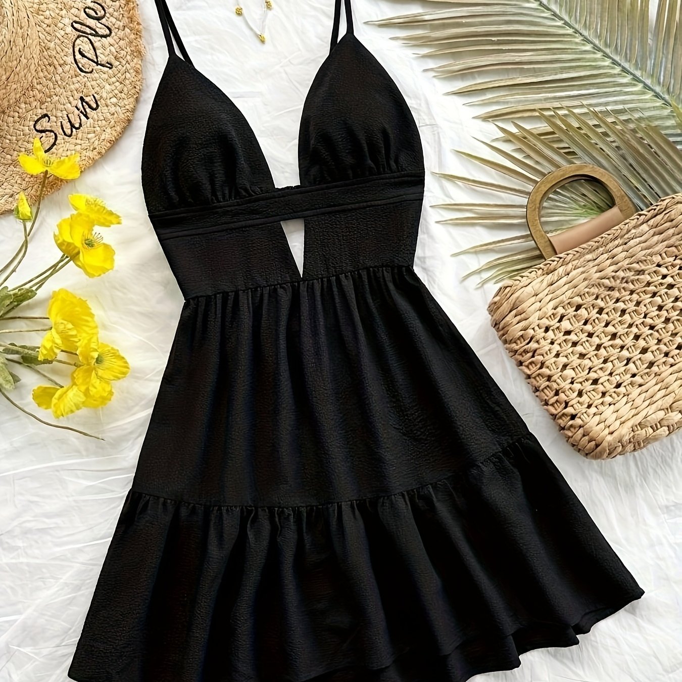Women's Black V-Neck Open Back Ruched Waist Sleeveless Dress - Lightweight Machine-Washable Solid Color Casual to Evening Wear for Spring Summer Fall