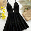 Women's Black V-Neck Open Back Ruched Waist Sleeveless Dress - Lightweight Machine-Washable Solid Color Casual to Evening Wear for Spring Summer Fall