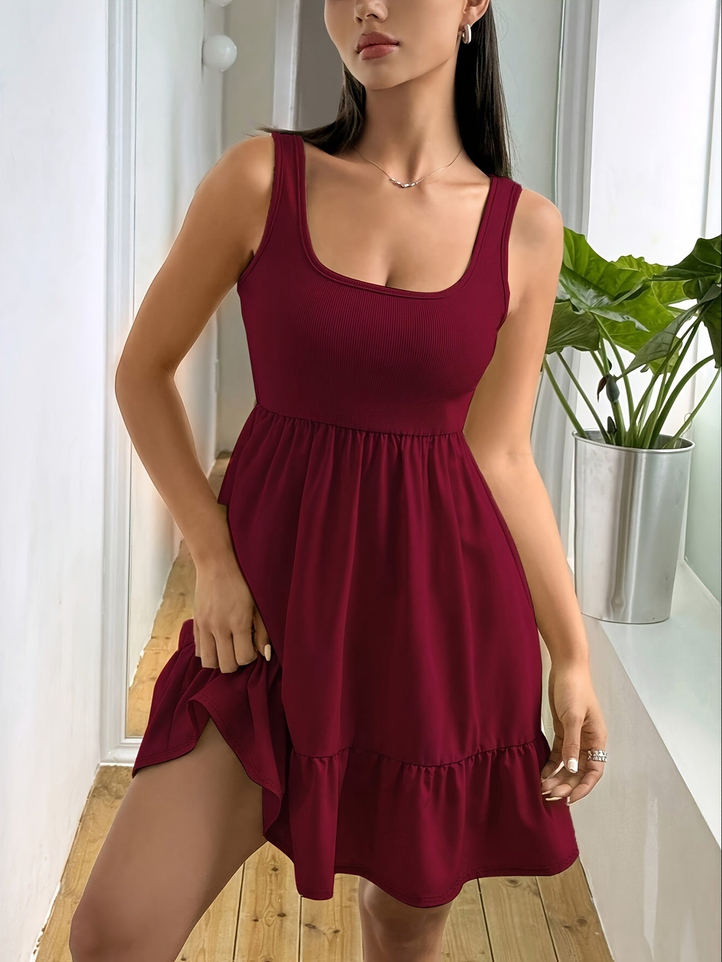Women's Stylish Sleeveless Ruffle Hem Dress - Stretchy Polyester Blend, Off-Shoulder Design, Dark Blue, Perfect for Vacation or Casual Outings, Vacation Wear | Sleeveless Elegance | Smooth Texture