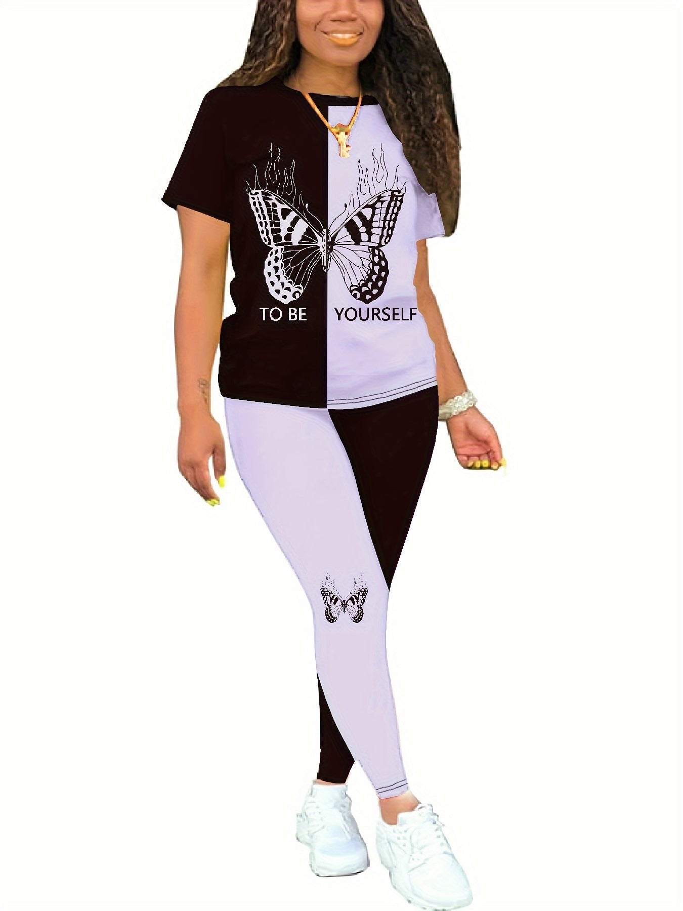 Butterfly Print Casual Two-piece Set, Crew Neck Short Sleeve Top & Pants Outfits - Women's Clothing -  Summer Fashion - For Women - Stylish & Comfortable Everyday Wear - Perfect Gift for Birthday & Holidays