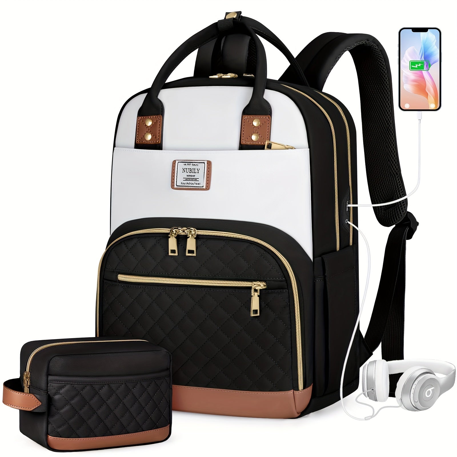 2pcs Women's Makeup Bag And Backpack, Simple Design Bag For Daily School And Travel Use