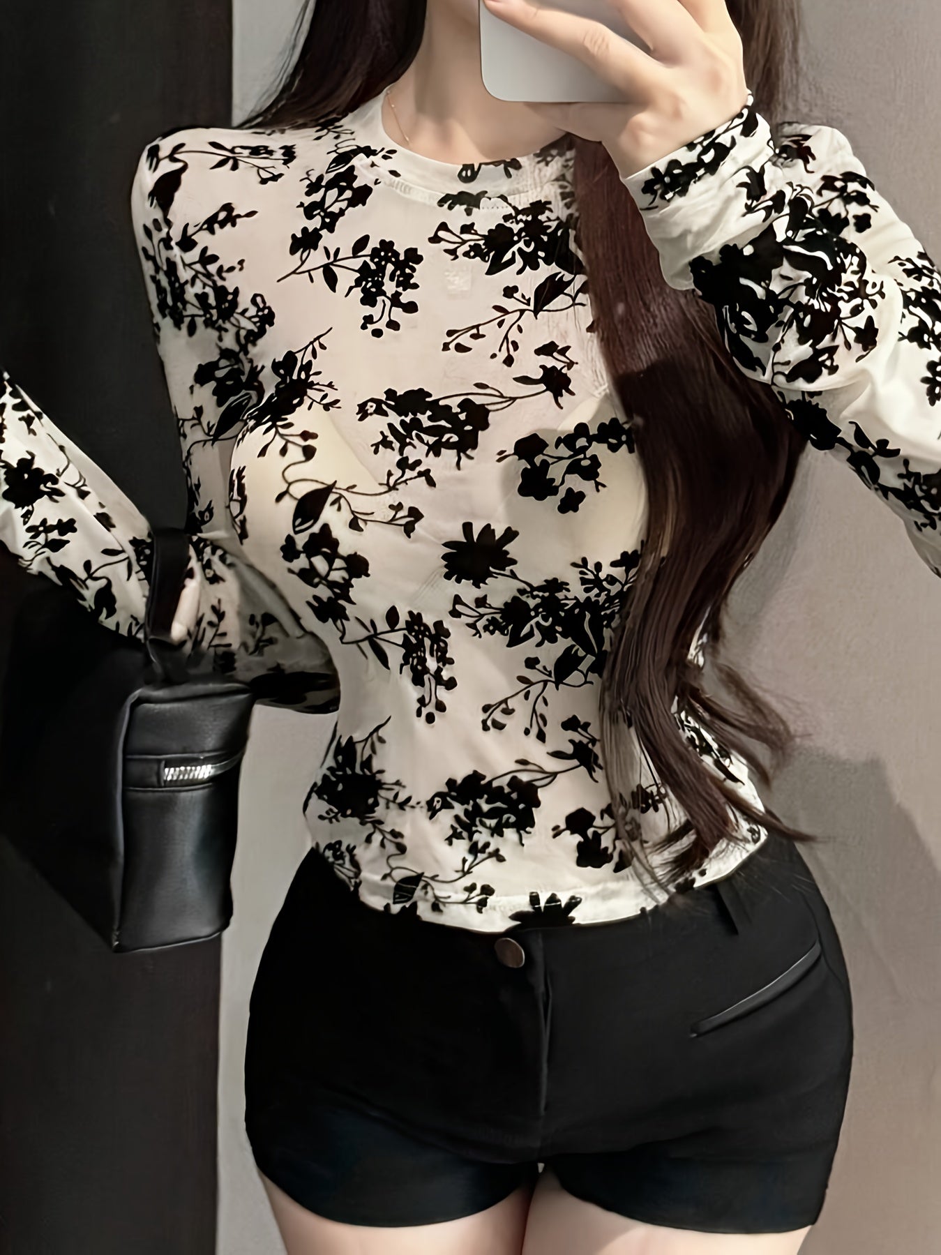 Floral Print Short Sleeve Crop T-shirt, Sexy Semi-sheer Solid Color Crew Neck Top For Spring & Summer, Women's Clothing