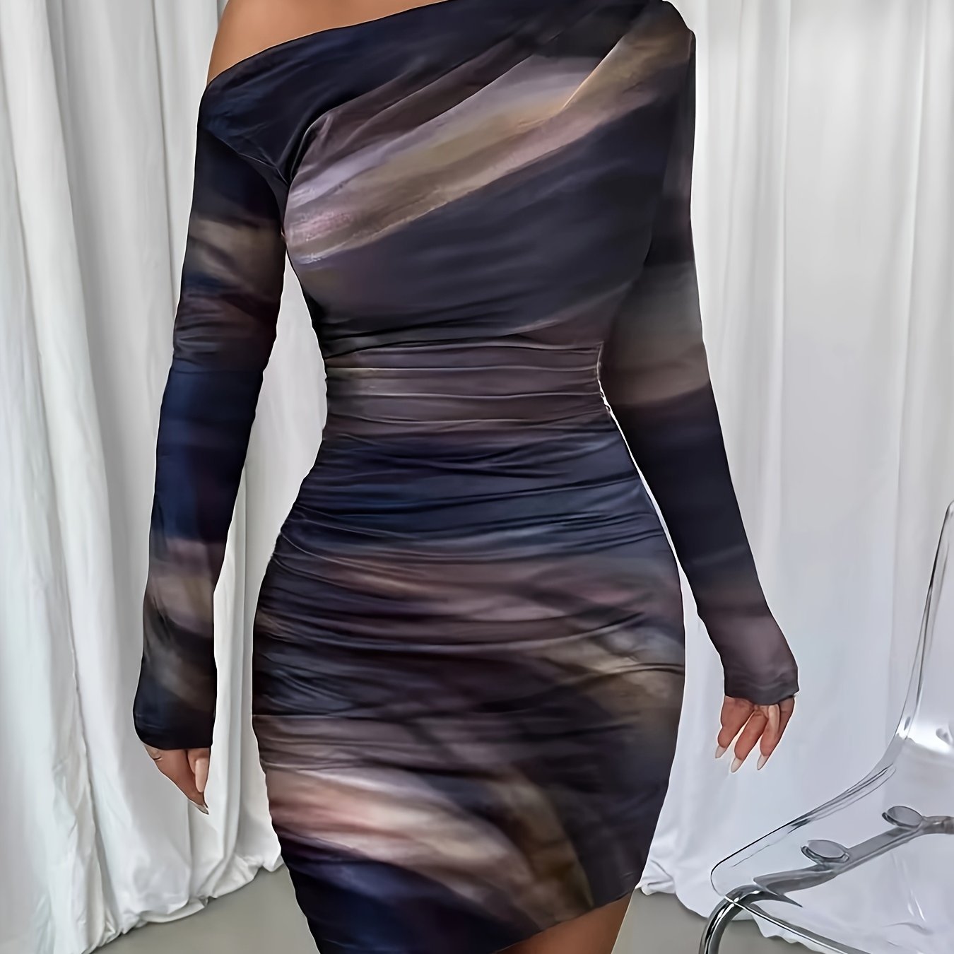 Elegant Asymmetrical Neck Tie-Dye Long Sleeve Bodycon Dress - Green & Black Marble Pattern, Skinny Fit, Perfect for Adult Women, Stylish Evening Attire|Asymmetrical Neckline|Tie Dye Pattern