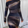 Elegant Asymmetrical Neck Tie-Dye Long Sleeve Bodycon Dress - Green & Black Marble Pattern, Skinny Fit, Perfect for Adult Women, Stylish Evening Attire|Asymmetrical Neckline|Tie Dye Pattern