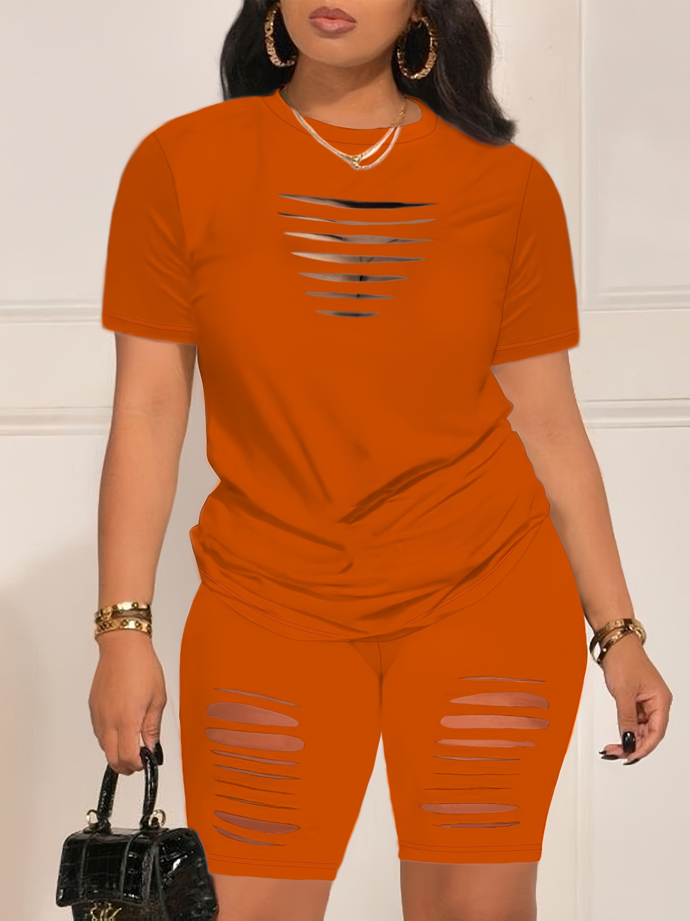 Summer Shorts Set - Pantsuits for Women, Crew Neck Short Sleeve Top & Shorts Outfits, Ripped Casual Clothing for Spring and Summer, Comfortable and Stylish Women's Clothing