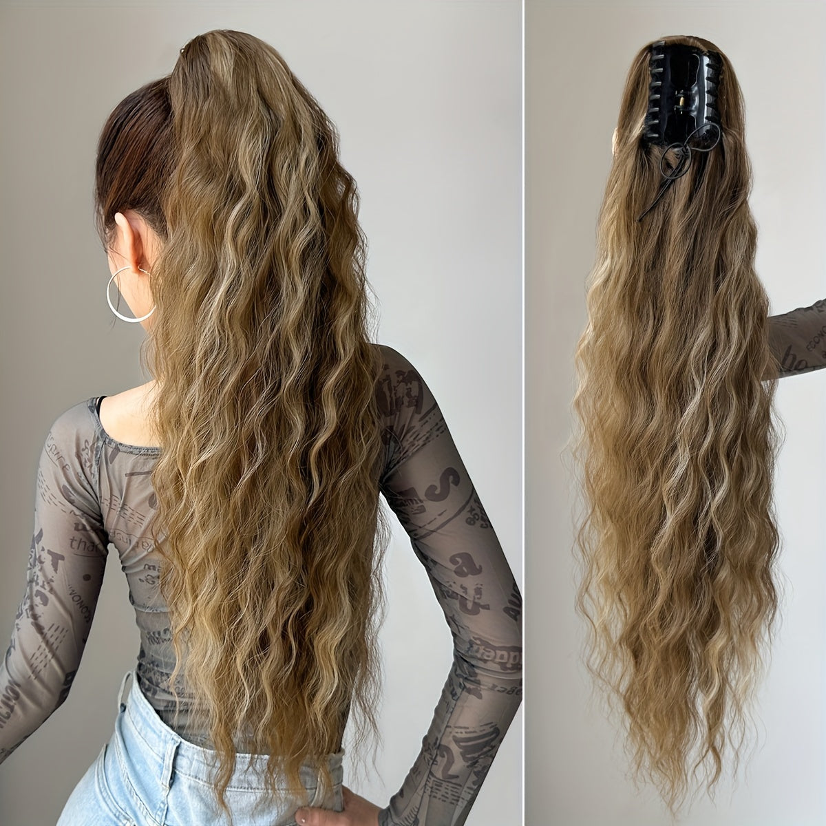 YUSULAXI Women'S 28-Inch Brown Wavy Ponytail Extension, High Temperature Fiber Clip-In Tailpiece, Synthetic Hairpiece for Ladies
