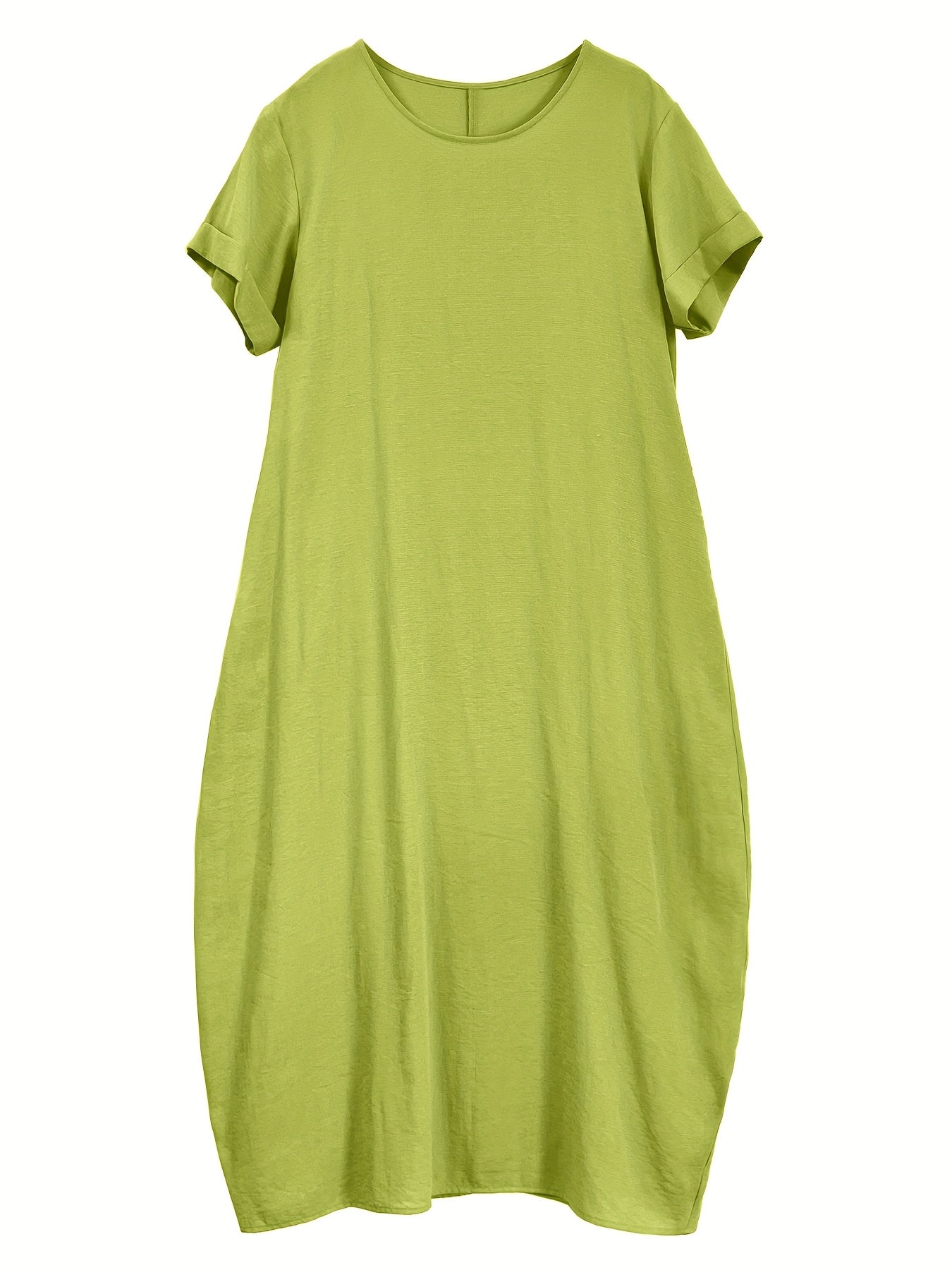 Women's New Summer Round Neck Short Sleeve Loose Dress with Pocket, Elegant and Pure Color Mid-Long Casual Skirt