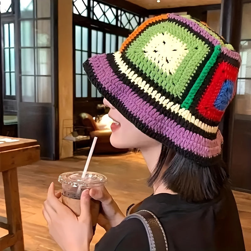 Color Block Crochet Fisherman Hat, Retro Ethnic Style Casual Hollow Out Breathable Bucket Hat