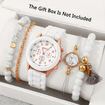 5pcs Fashion Women's Quartz Watch & Beaded Bracelet Set - Elegant White with Rose Golden Accents, Silicone Strap, Zinc Alloy Case, Non-Rechargeable Button Battery - Ideal for Valentine's, Birthdays, Easter, Graduation, Christ