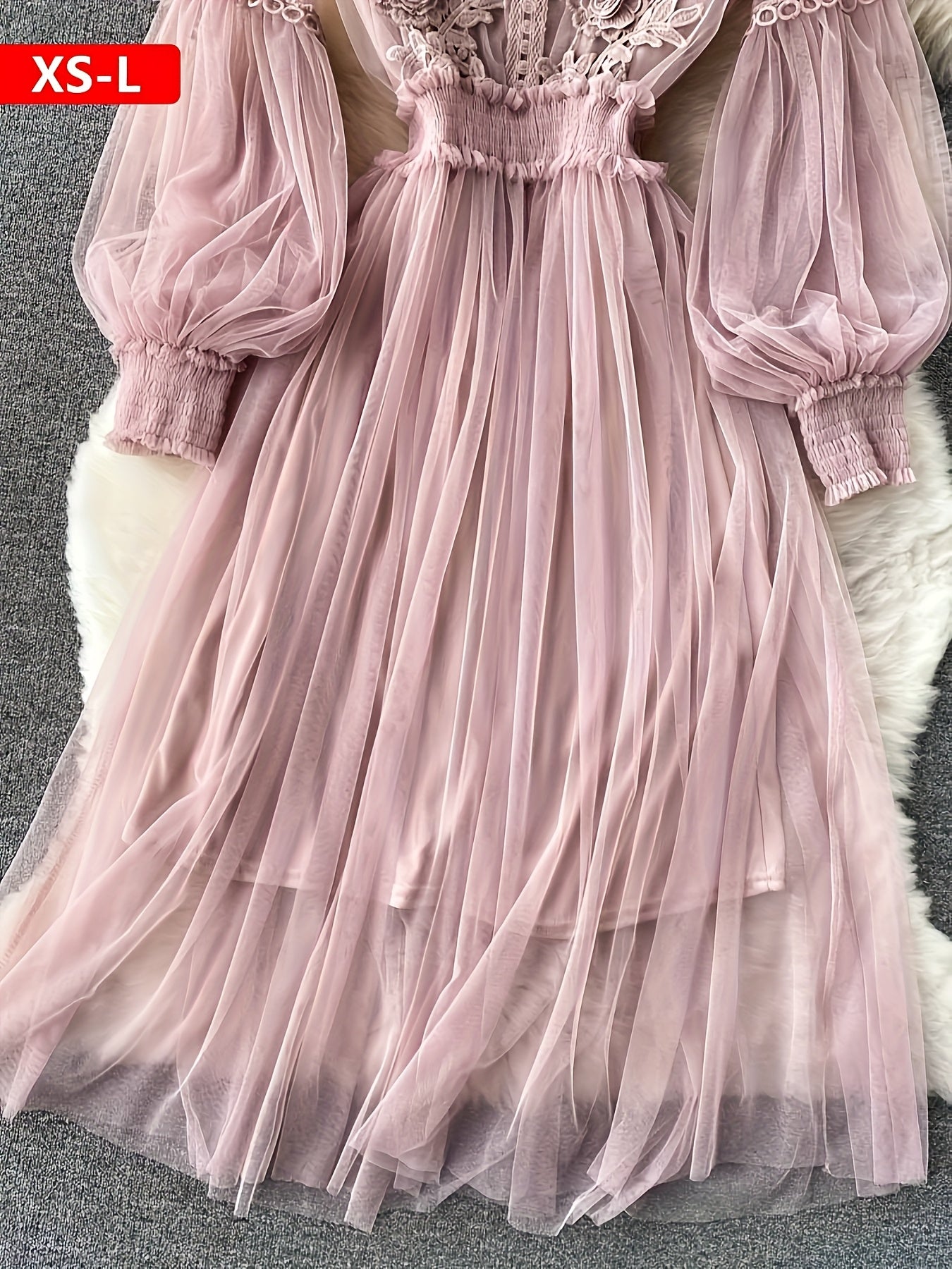 Plus Size Dresses Women'S Fashion Three-dimensional Flower Collage Sheer Mesh Balloon Sleeve Slim Long Dress Light Luxury Design Sense Women'S Chiffon Lace Shirt Suspender Base Shirt, Luxury Gift For Women