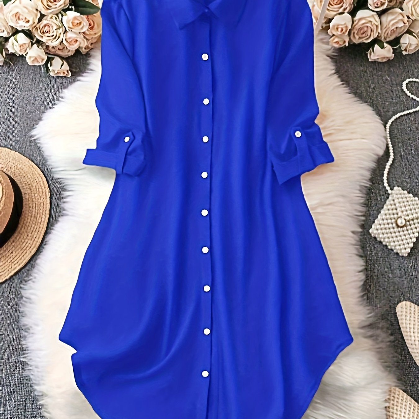 Women'S Light Blue Dress Shirt with Front Buttons and Sleeves - Casual Crew Neck, Long Sleeve, Solid Color, Polyester, Perfect for Spring and Fall, Ladies Dress