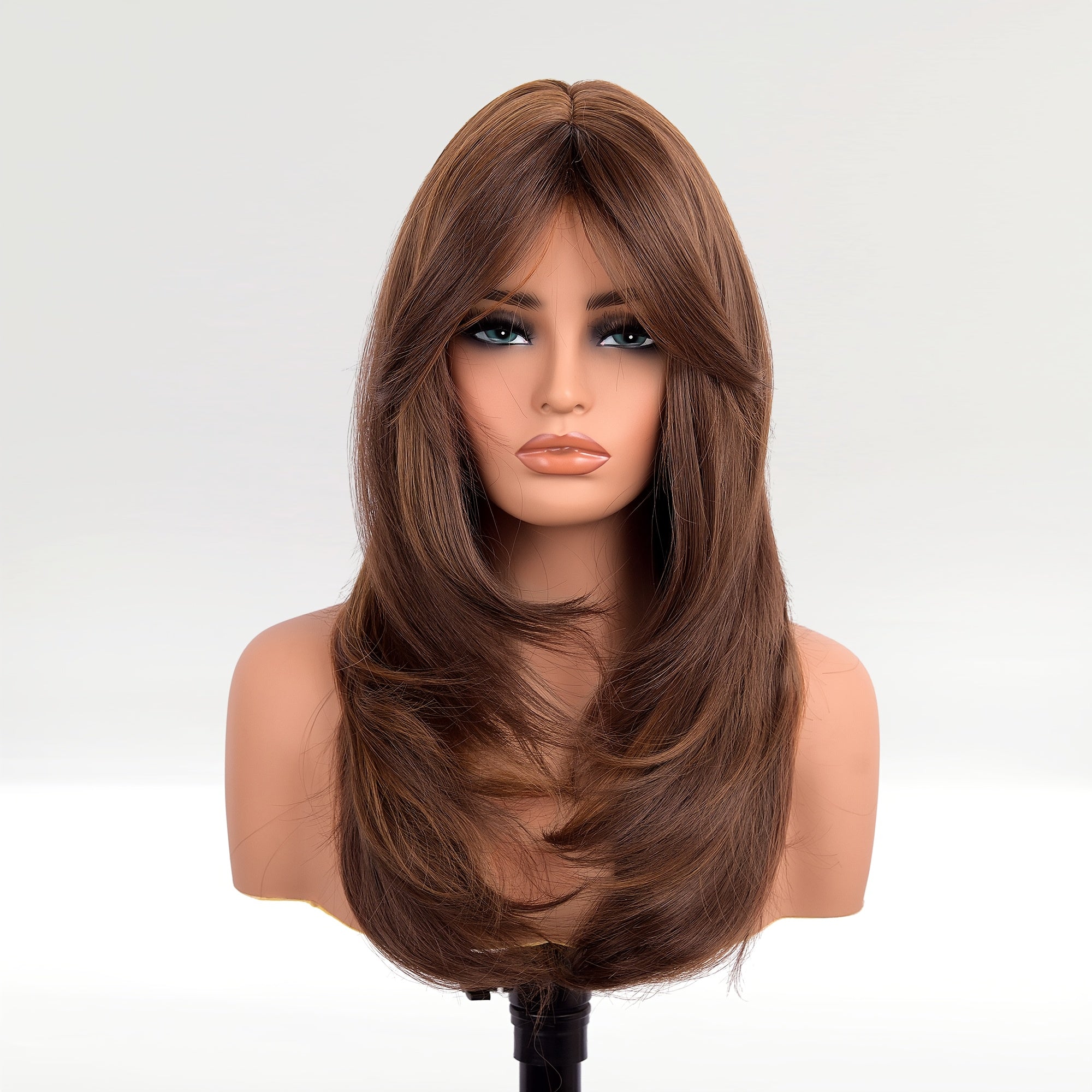 Glueless Synthetic Wigs For Women, Natural Straight Layered Wigs With Bangs, Copper Red Wigs, Brown Wigs, 20 Inches Shoulder Length