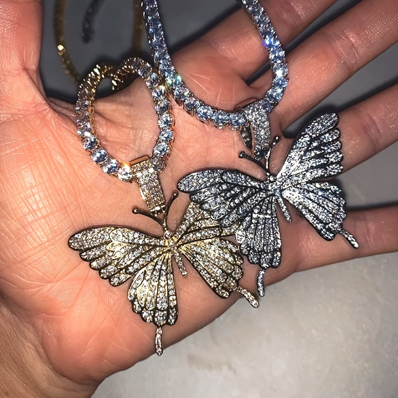 Women's Elegant 18K Gold Plated Cuban Link Butterfly Pendant Necklace - Sparkling Rhinestones, Synthetic Stones, Alloy Jewelry | Perfect for Mardi Gras Day, Weddings, Parties | Cascading Design, Holiday Theme, February Births