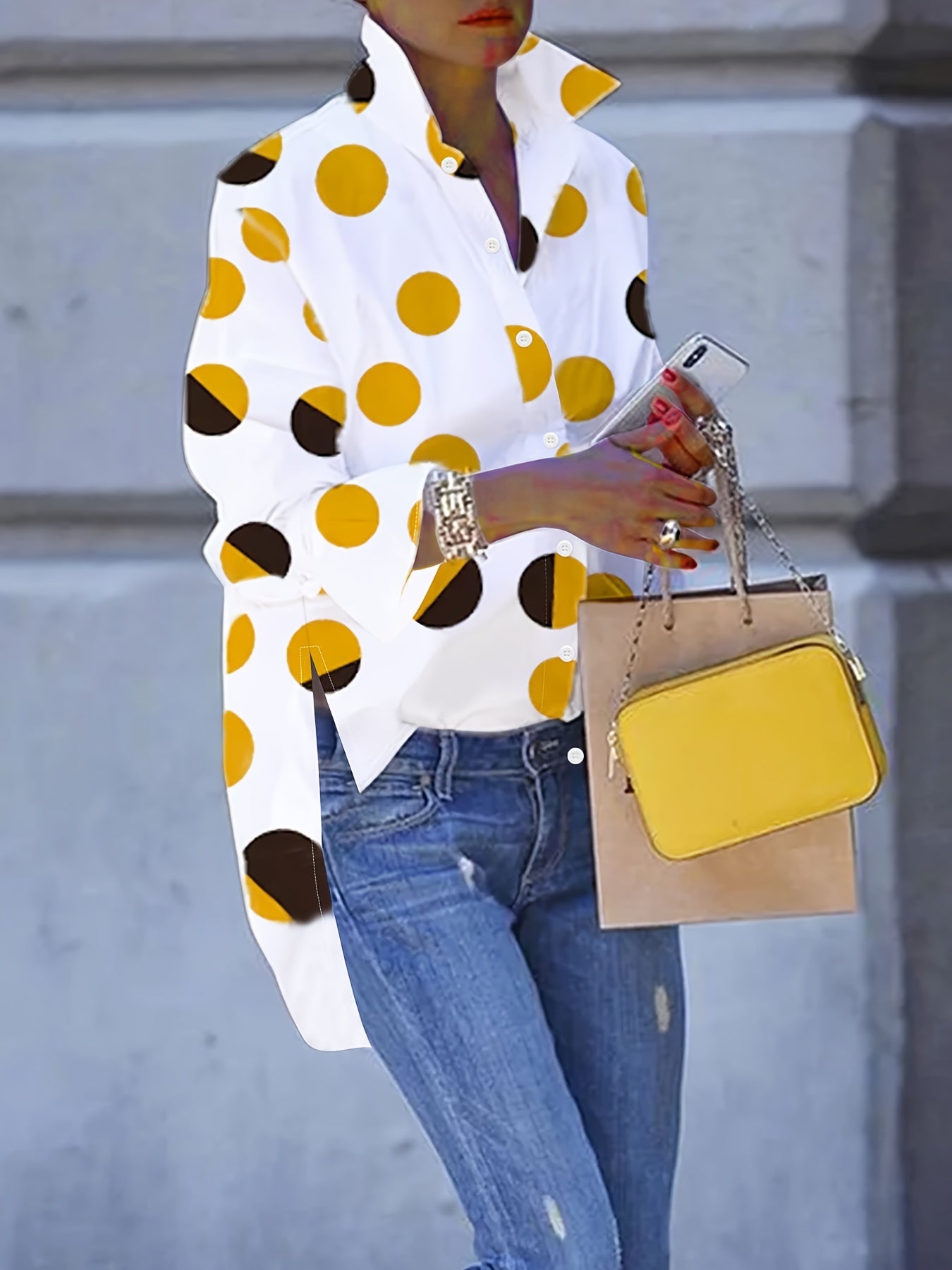 Long Sleeve Elegant Polka Dot Print Shirt - Loose Fit, Dipped Hem, Slit Hem, Machine Washable, Random Printing - Perfect for Spring, Summer, and Fall Seasons