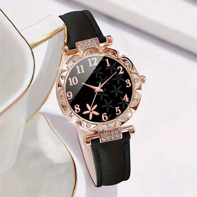 6pcs/set Wome nens wath Csal Rower Quatz Wath Aalcogu L eather tW wacn & Bralese Git for MomHer