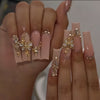Super Long Square Shape Nude Nail Tips with Glitter Finish and 3D Butterfly Diamond Accents - 24pcs Glossy Fake Nails Set with Nail File and Tape for Women and Girls