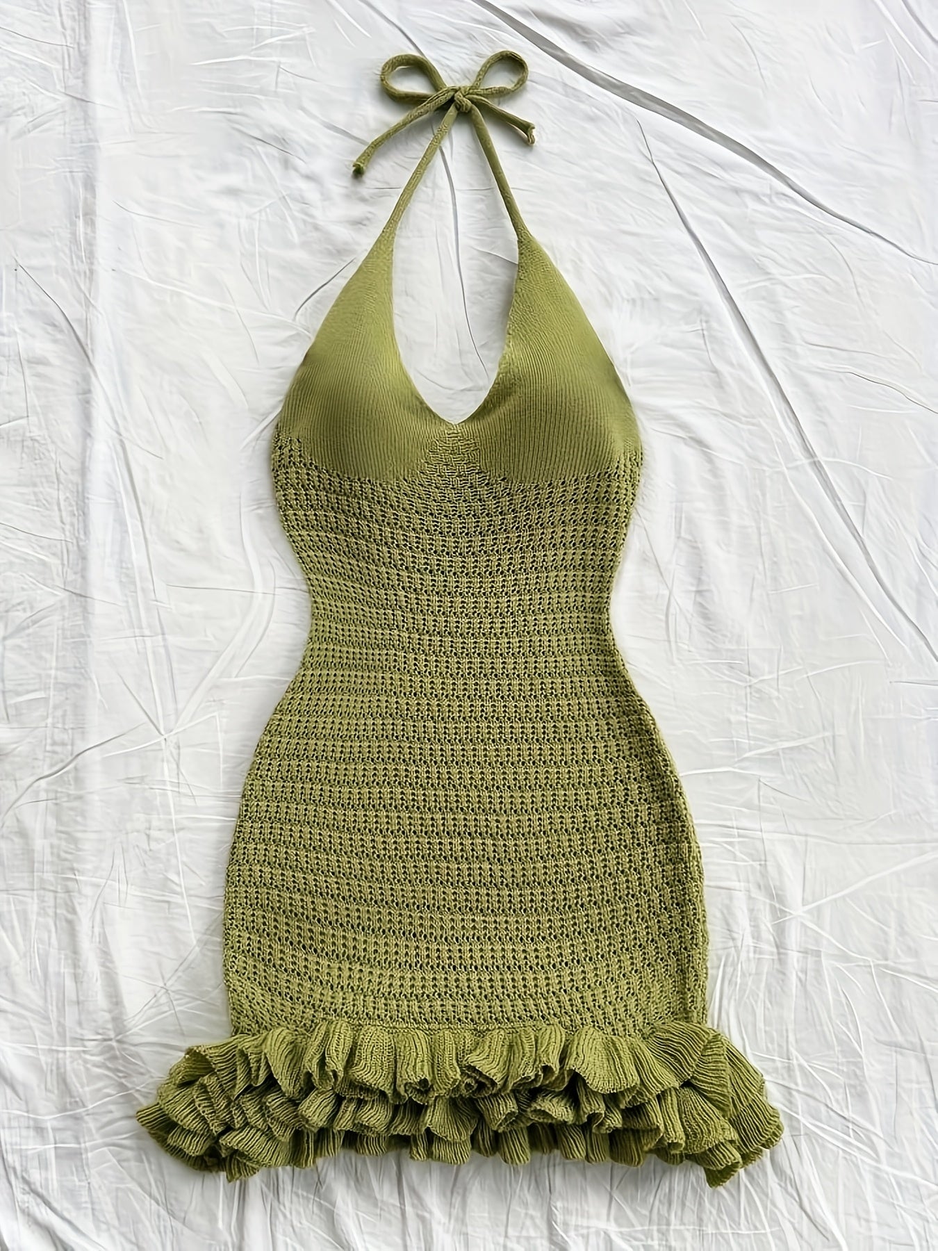 Green Halter Neck Knit Dress - Casual Sleeveless Ruffled Hem Dress for Women, Lightweight Polyester Fabric, Perfect for Summer and Beach Outfits, Beach Dress