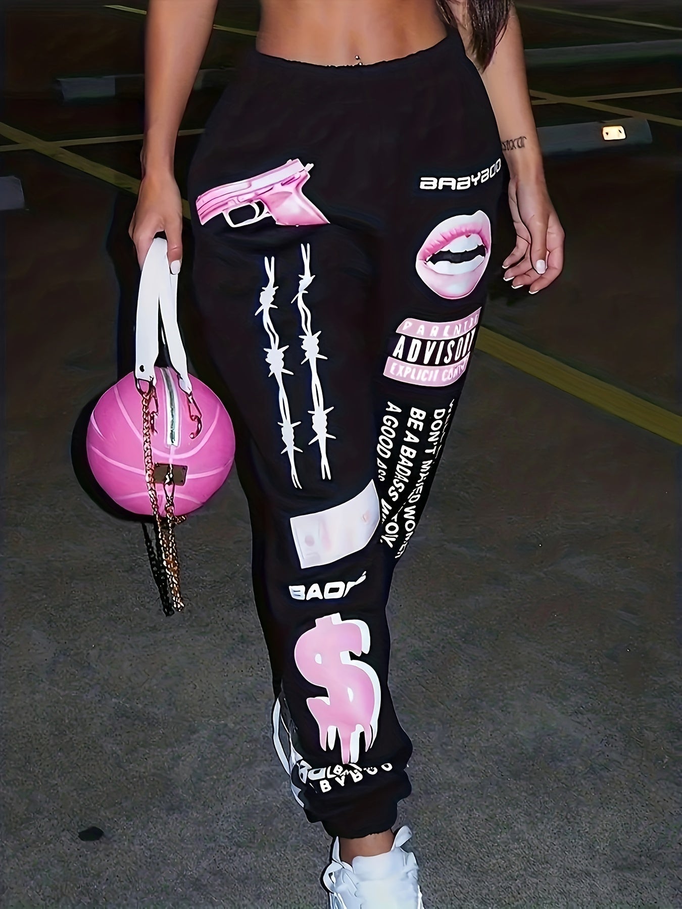 Women's Hip-Hop Inspired Casual Joggers with Letter Print - Comfy Polyester Blend, Machine Washable, Perfect for Spring/Fall, European And American Style, Elastic, Long Pants