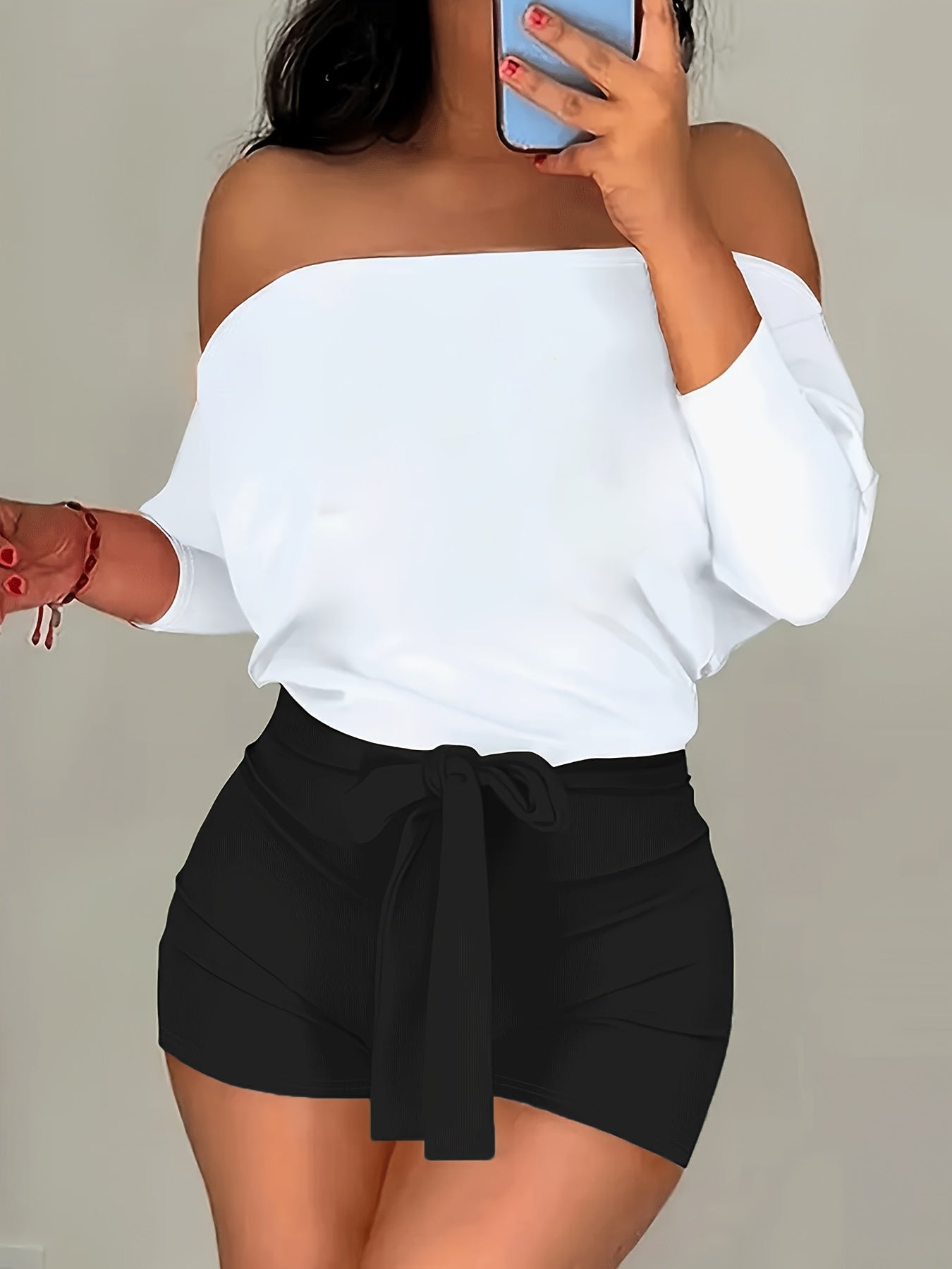 8016 European And American Women'S Clothing 2025 Spring And Summer New Casual Loose Off-Shoulder Shorts Suit Two-Piece Suit with Belt