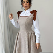 Elegant Women'S Plaid A-Line Dress, Square Neck, Fitted, Lace Up, Woven Polyester, 230g/m², with Cat Ear Design, for Adult, Summer