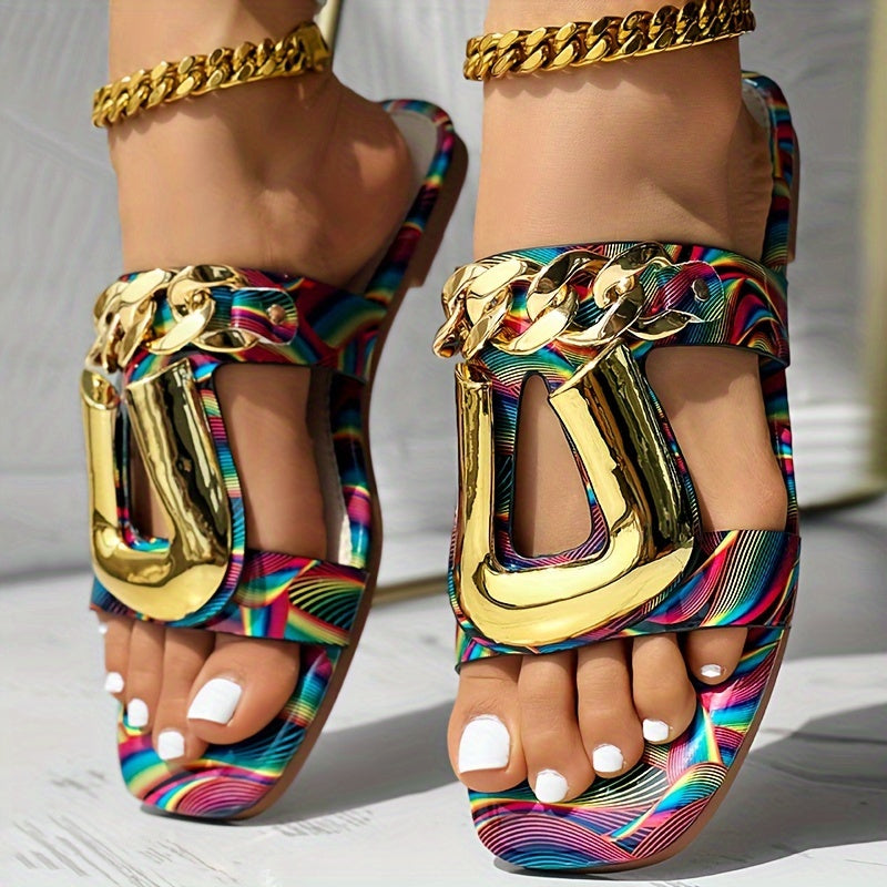 Women's Metal Chain Decor Flat Slides, Square Open Toe Non Slip Slide Sandals, Outdoor Versatile Slides