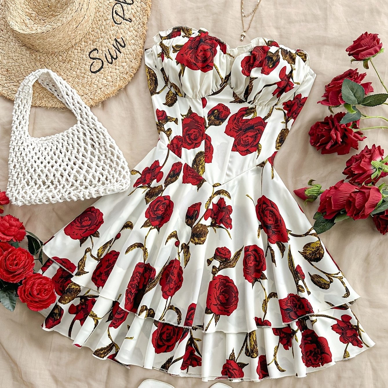 Flowing Fit, Romantic Off-Shoulder Floral Layered Dress - Perfect Valentine's Day Gift, Polyester and Spandex Blend, Machine Washable, Ideal for Vacation, Vacation Sundress|Floral Layered Design|Polyester Spandex Blend