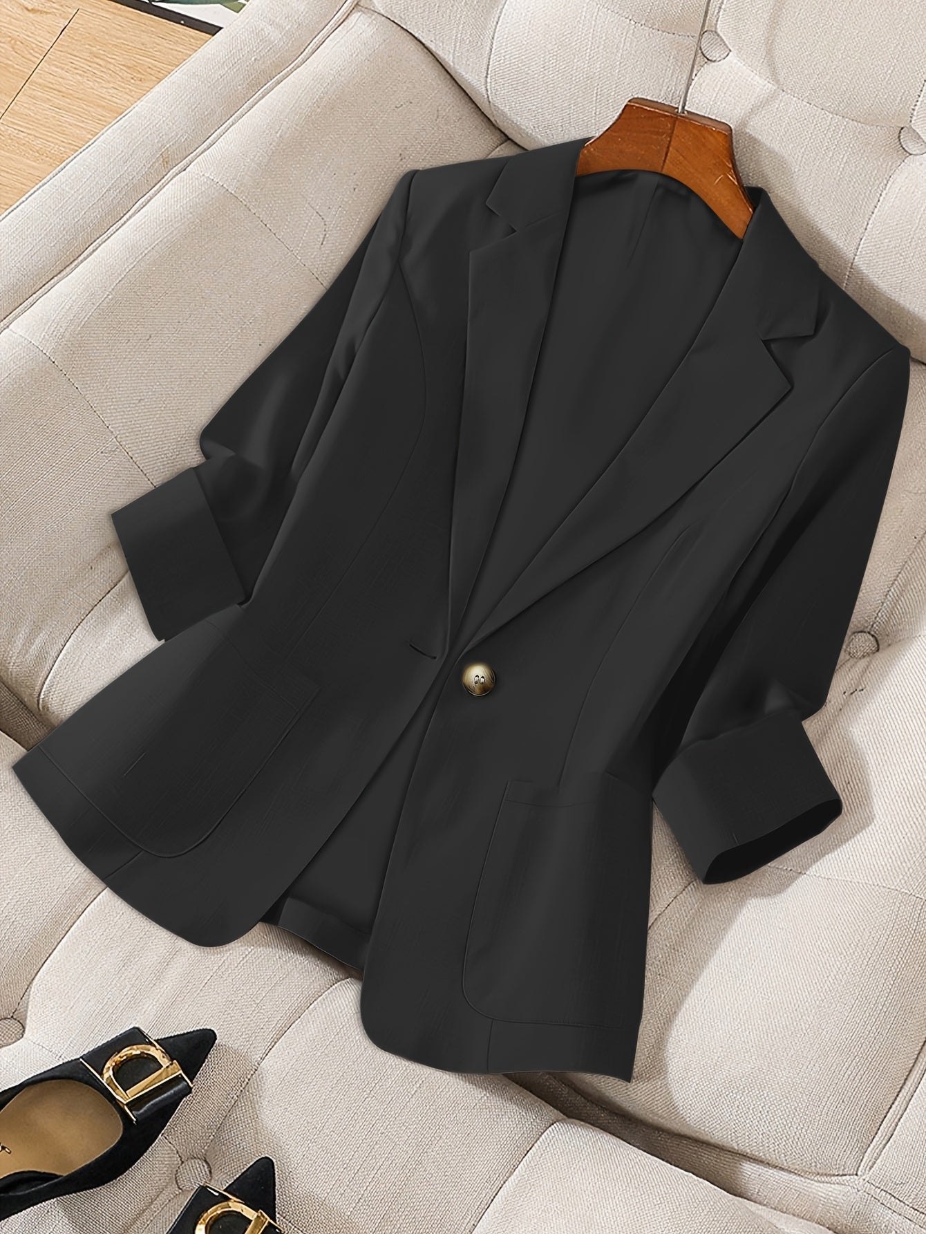 Women's Light Beige Casual Blazer Jacket - Solid Color Single-Breasted Button Front, Notch Lapel & Chest Pocket, Machine Washable H-Silhouette for Autumn Office & Casual Attire, Subtle Stripe Texture