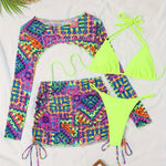 4-Piece Bikini Swimsuit Set - Vibrant Allover Print, Chic Halter Neck, Adjustable Tie Back, Flattering Backless High-Cut, Long Sleeves, Detachable Cover Up Shrug, and Flowy Skirt - Womens Swimwear & Clothing Essentials