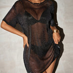 1pc Elegant Women'S Sparkly Sheer Mesh T-Shirt Dress, Crew Neck, Long Length, Knit Polyester Fabric, Spring/Summer Collection, 95% Polyester 5% Elastane