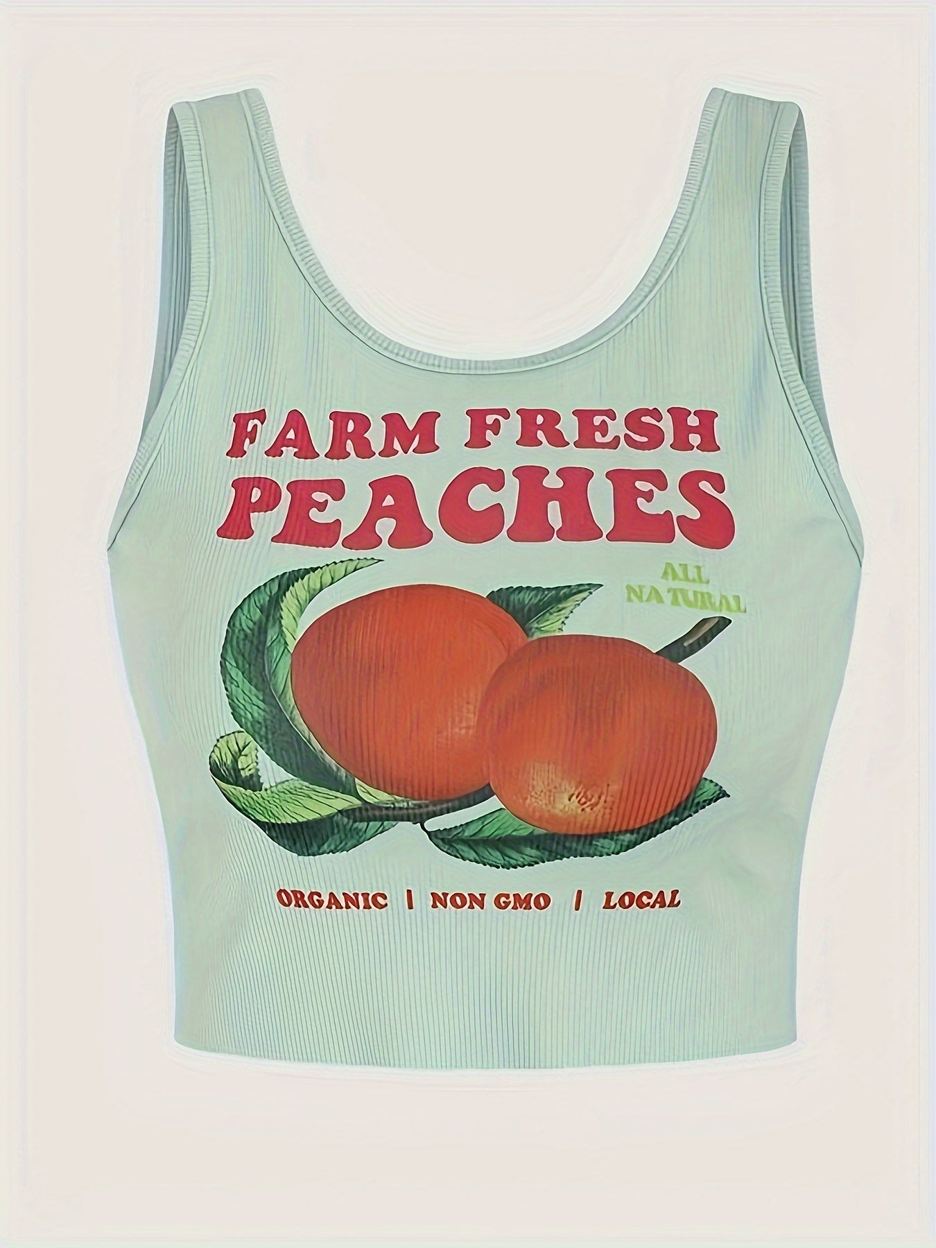 Y2K Sleeveless Crop Tank Top - Peach Print Crew Neck - Women's Spring & Summer Clothing
