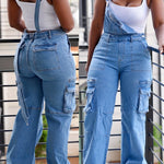 Women's Relaxed Loose Fit Denim Overalls - Street Style Cargo Jumpsuit with Utility Pockets, Long Sleeveless Wide-Leg Design, All-Season Casual Wear