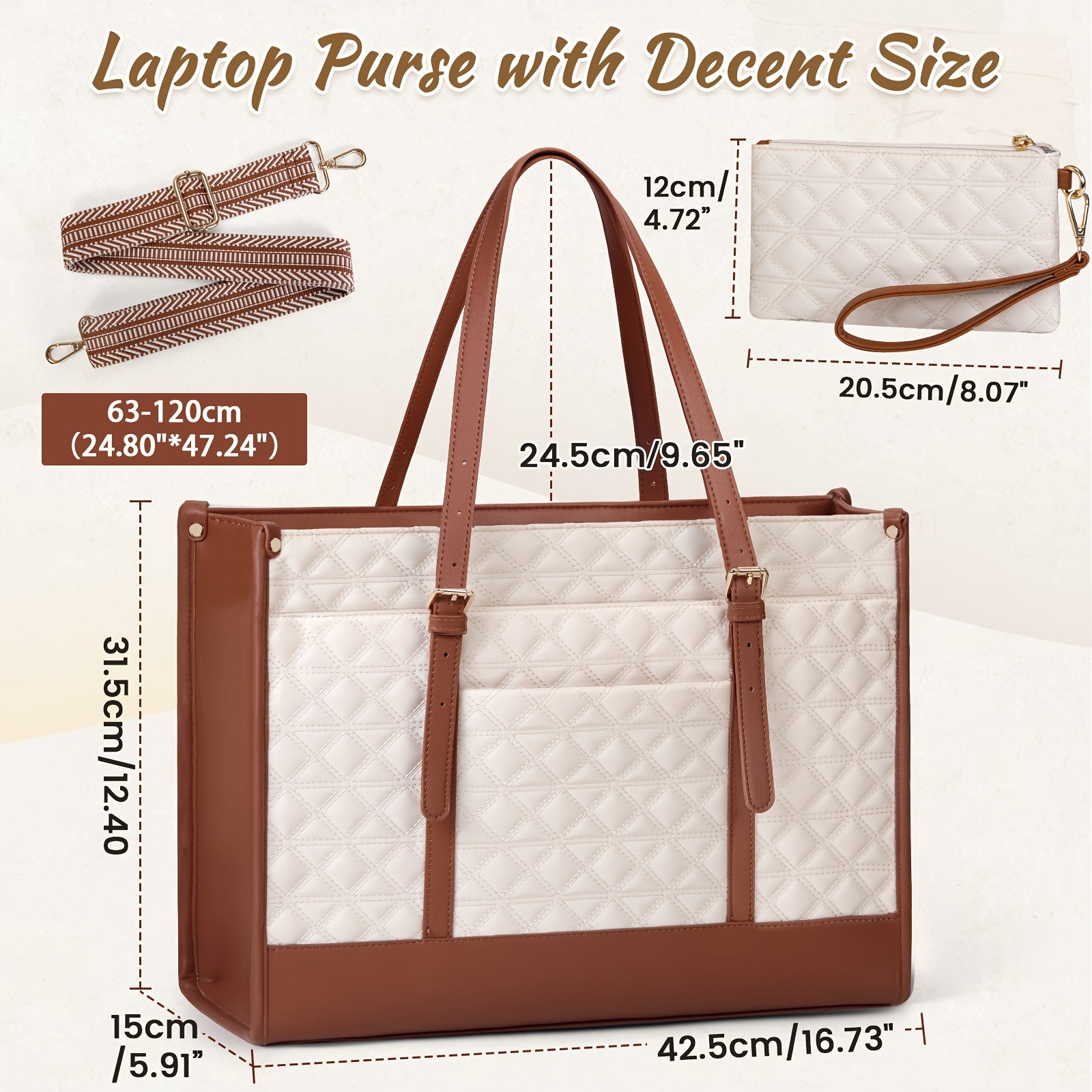 KTMOUW Laptop Bag For Women 15.6 Inch Vegan Faux Leather Work Tote Bag Quilted Womens Briefcase Designer Laptop Bags For Office Teacher College Cute Computer Bag With Purse Professional Beige & Brown