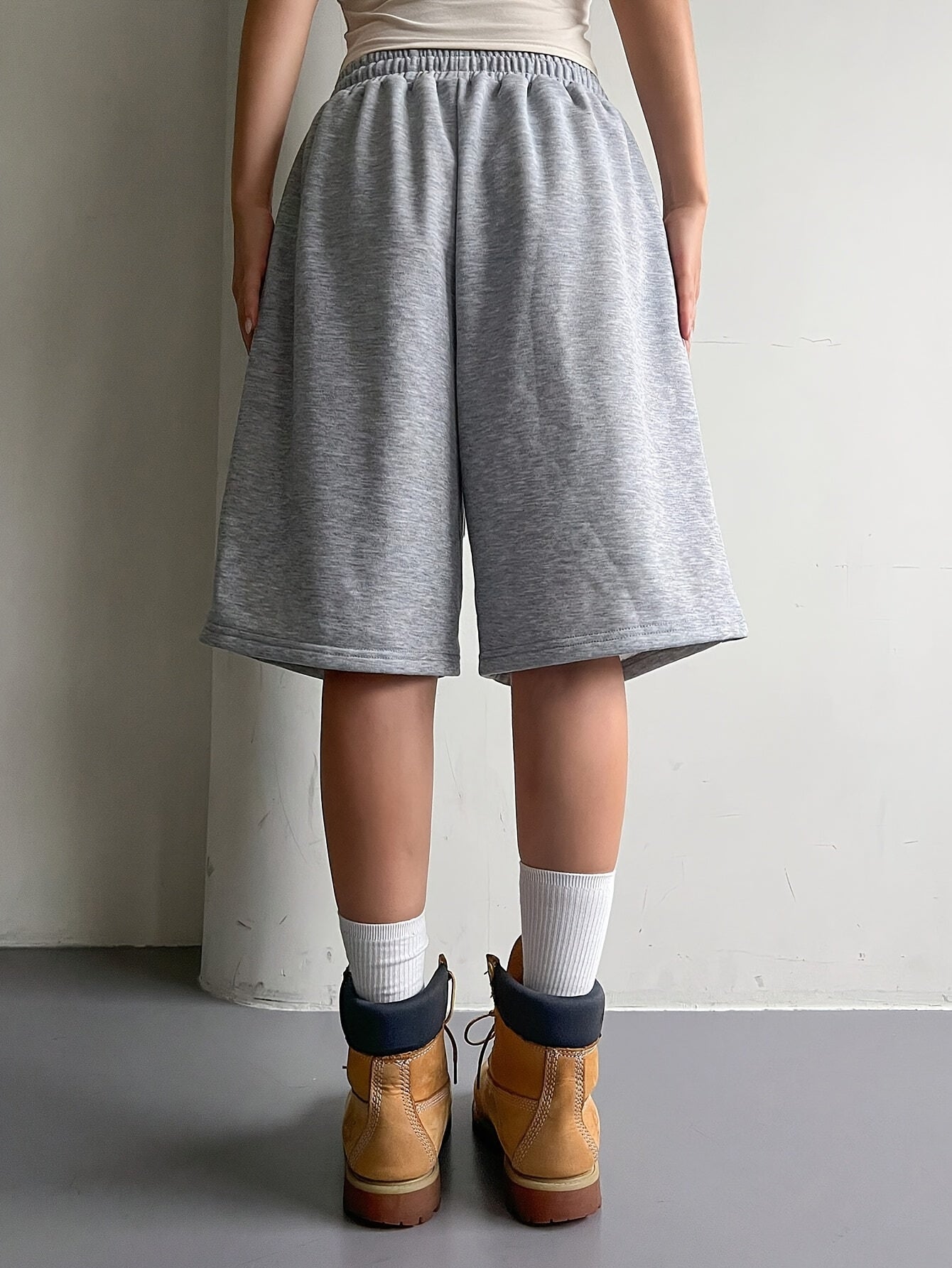 Women's Stylish Skull Print Drawstring Shorts - Light Gray Casual Knit Mid-Thigh Length with Elastic Waistband, Perfect for Spring/Summer/Fall, Cute Shorts