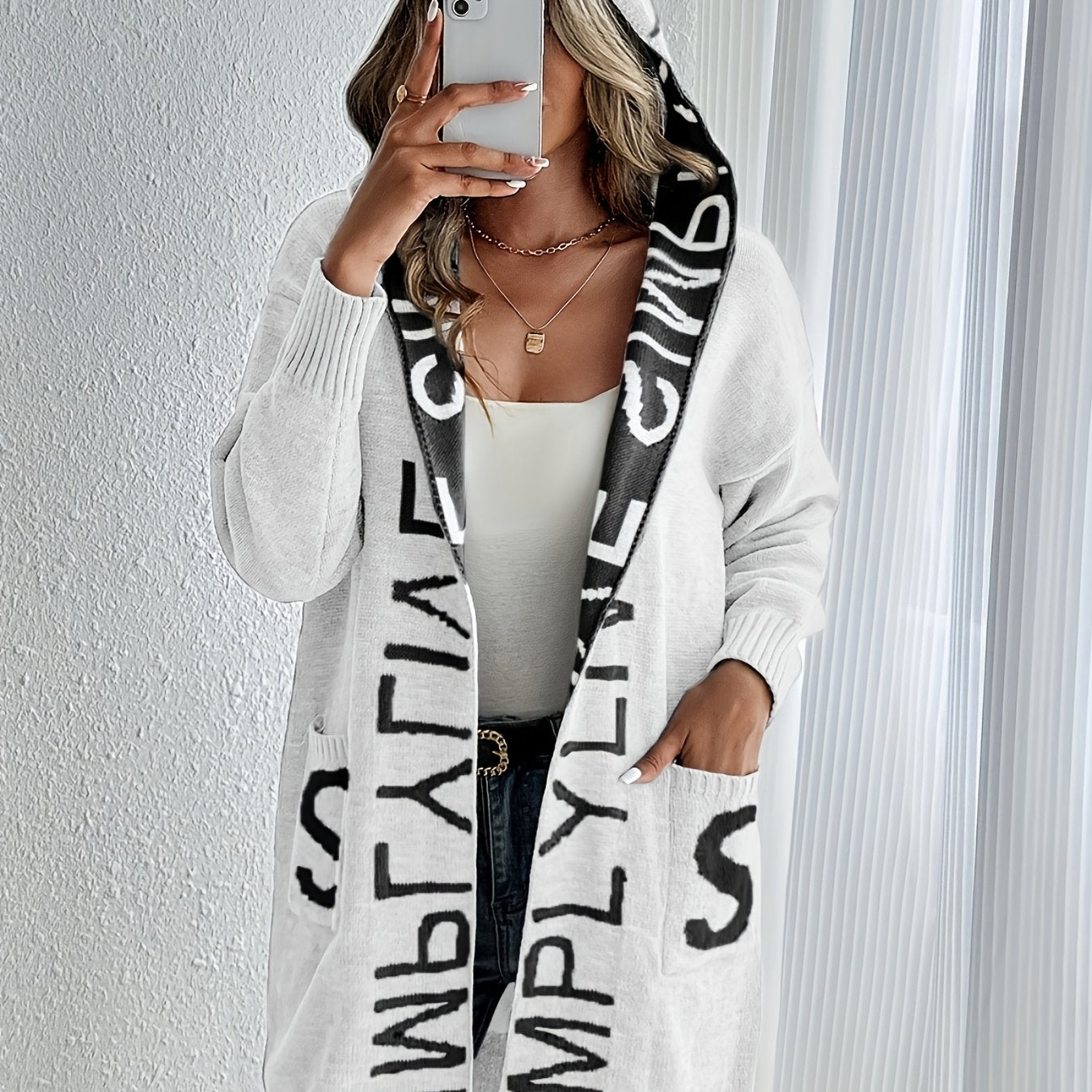 Women's Letter Print Open Front Knit Cardigan - Casual Hoodie Long Sleeve - Cozy Fleece Material - For Fall & Winter - Perfect for Casual Wear & Layering - Ideal Gift for Women