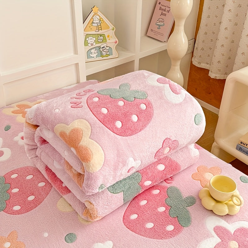 1pc Cozy Floral Flannel Throw Blanket - Soft, Light Beige-Friendly, Machine Washable, All-Season Comfort with Cute Pink Strawberry & Flower Design, Perfect for Bedroom or Nursery Decor