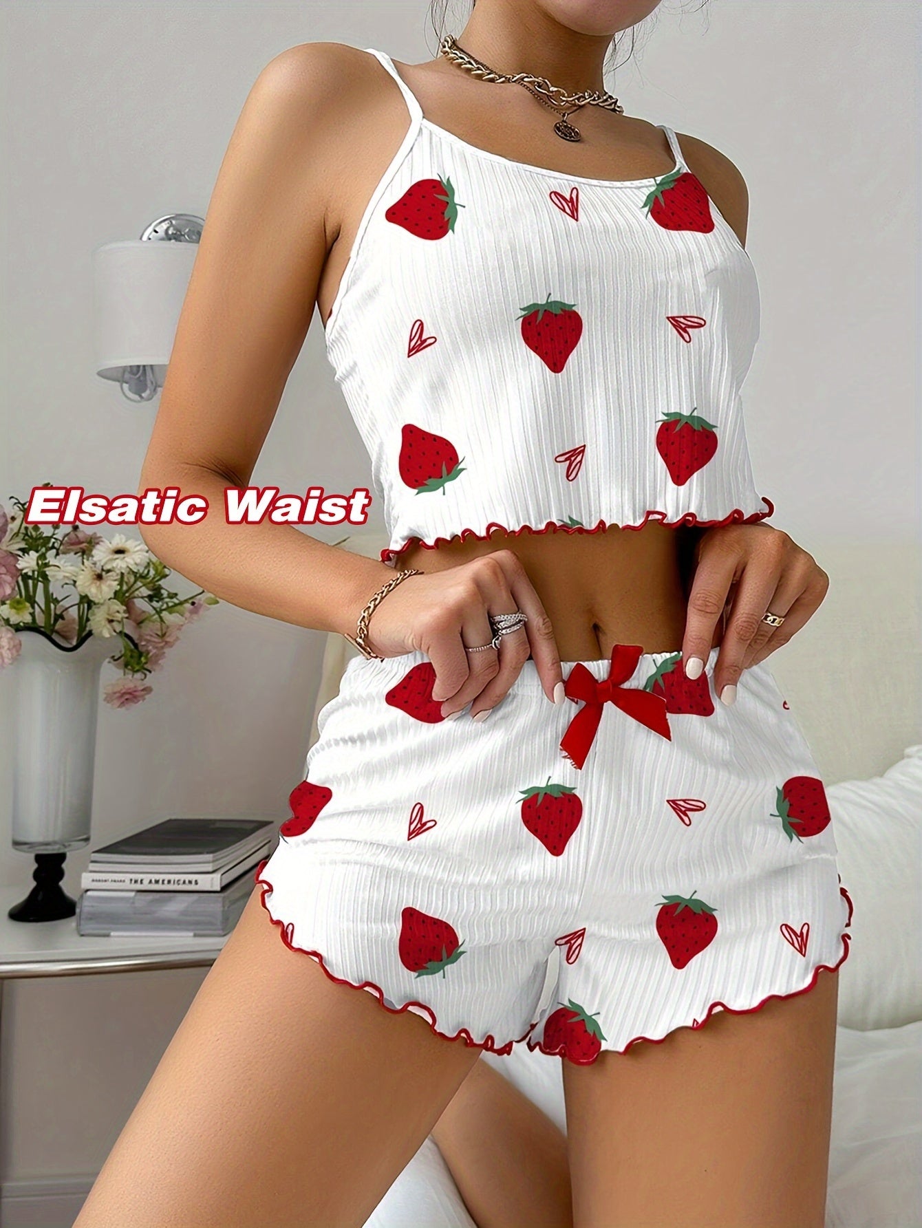 Women's Strawberry Print Sexy Ribbed Frill Trim Pajama Set, Round Neck Backless Crop Cami Top & Shorts, Comfortable Relaxed Fit, Summer Nightwear