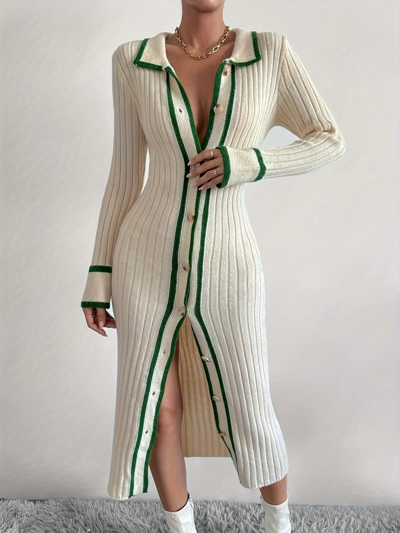 Stylish Contrast Trim Button Front Cardigan - Elegant Long Sleeve, Slim-Fit, Collar Detail, Versatile Dress for Spring & Fall Seasons, Women's Clothing for Everyday Wear