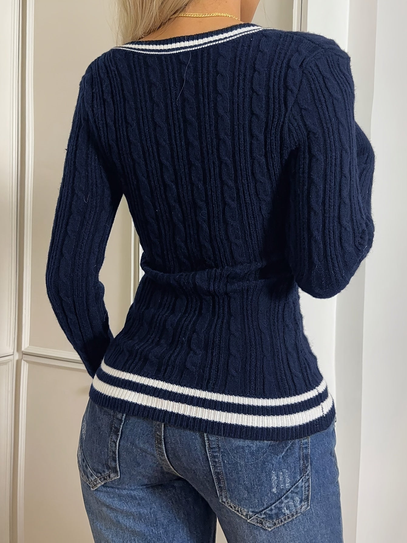 Women's Slim-Fit Cable Knit Sweater with Striped Trim & Deep V-Neck - Long Sleeve Casual Top for Spring/Autumn, Elegant Contrast Design, Hand Wash/Dry Clean, Ladies Sweaters