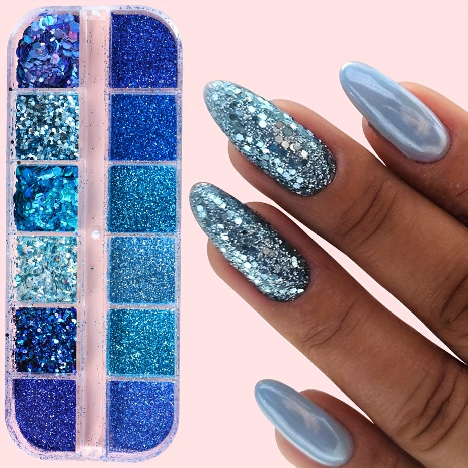 FULL BEAUTY Sparkly Blue Nail Glitter Set: 12 Grids of Shimmering Blue Sequins, Diamond Chrome, Fine Powder, Dust, Chunky Flakes, and Paillettes for DIY Manicure Decoration