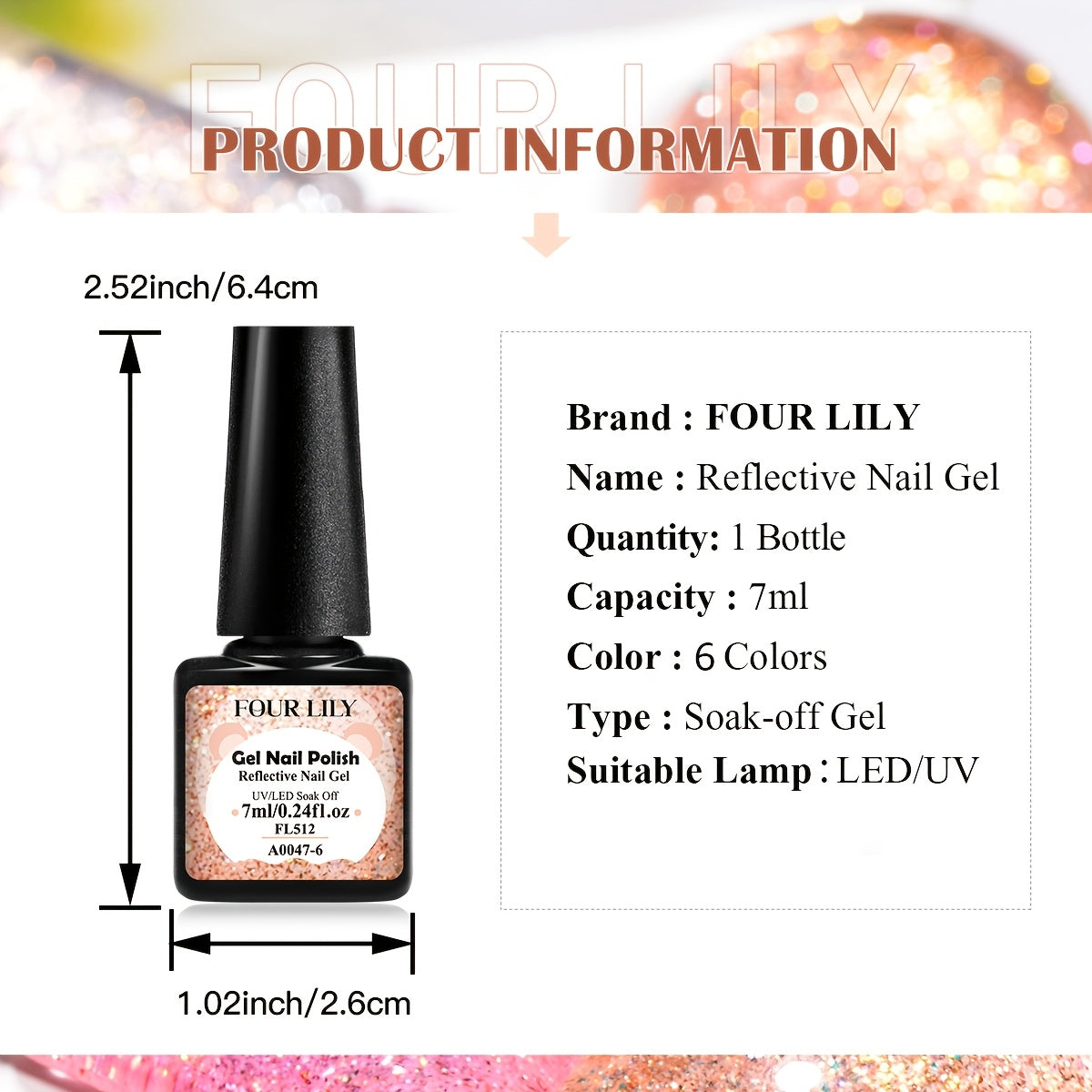 FOUR LILY 0.24oz Reflective Glitter Nail Gel - Semi-Permanent Soak Off LED Varnish for Manicure, Sparkling Pink & Purple Swirls, Long-Lasting Shine, Easy Application, Nail Art Gel | Glittery Nail Polish | Vibrant Colors, Nail
