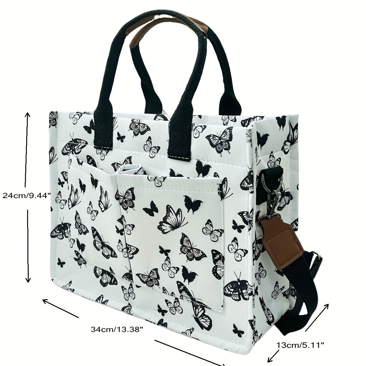 Butterfly Tote Bag For Women Canvas Patched Purse Cute Shoulder Bag Multi-Pocket Satchel Handbag For Work Books Travel, Bag Only