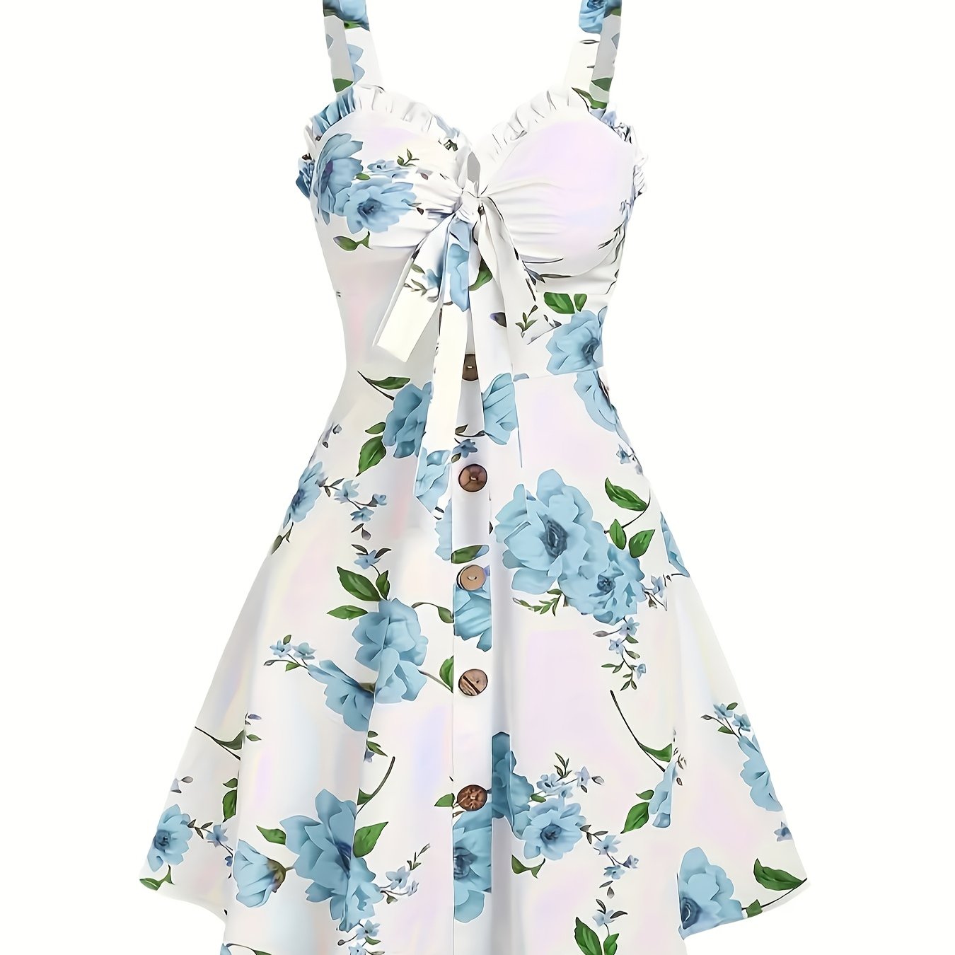 Floral Print Knotted Front Flared Dress, Elegant Sleeveless V Neck Cami Dress For Spring & Summer, Women's Clothing