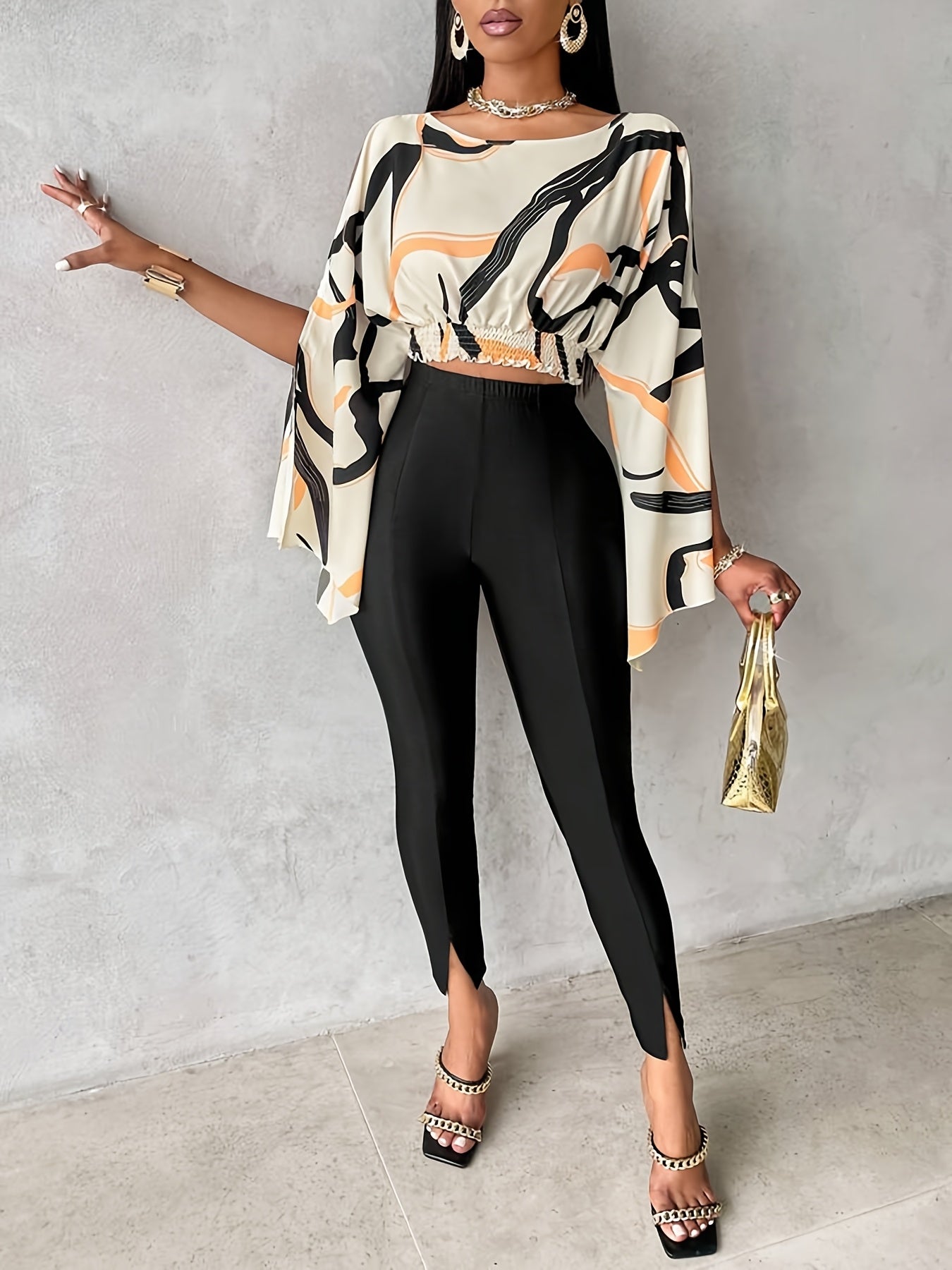 Women's Elegant Geometric Print Long Sleeve Blouse with Round Neck and Side Slit - Black, White, Orange, Yellow-Orange Abstract Design - Polyester & Elastane Blend - Machine Washable - Spring/Fall Fashion Top, Ladies Blouses