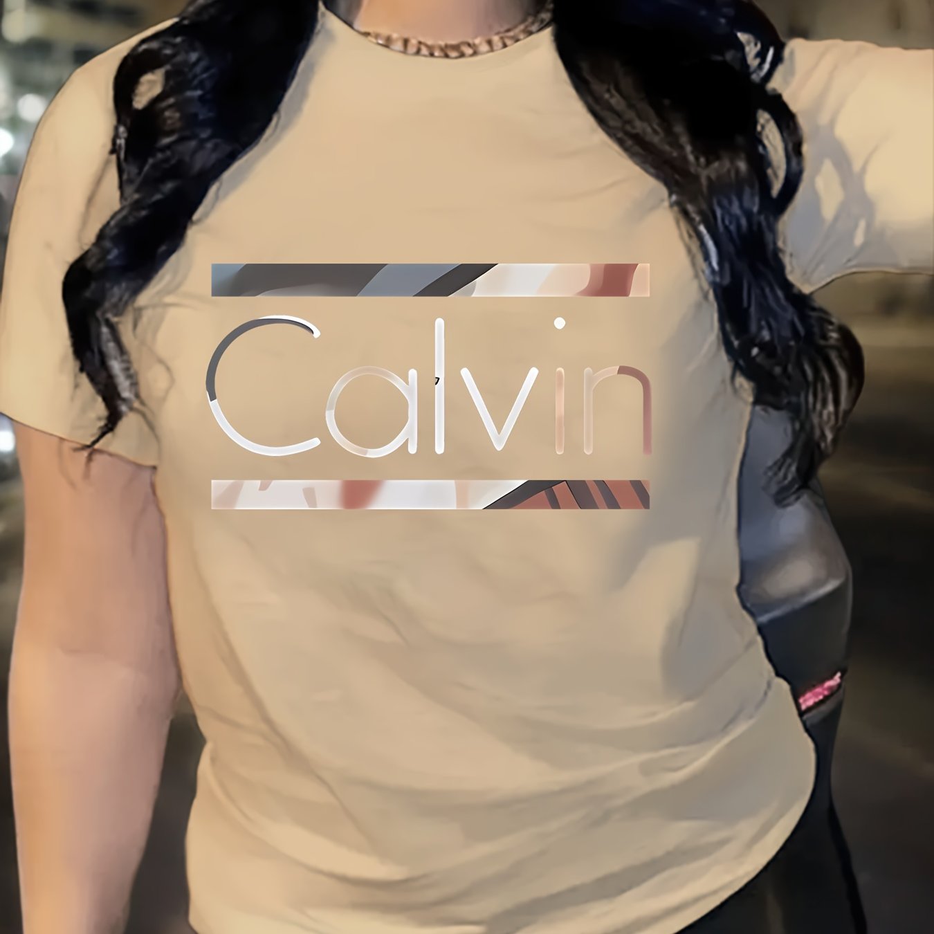 1pc Calvin Women's Graphic Tee - Soft Polyester Spandex Blend, Casual Crew Neck Short Sleeve Top in Black with Stylish Letter Print, Comfortable Casual Attire, Everyday Apparel | Trendy Casual Style | Stretchable Top