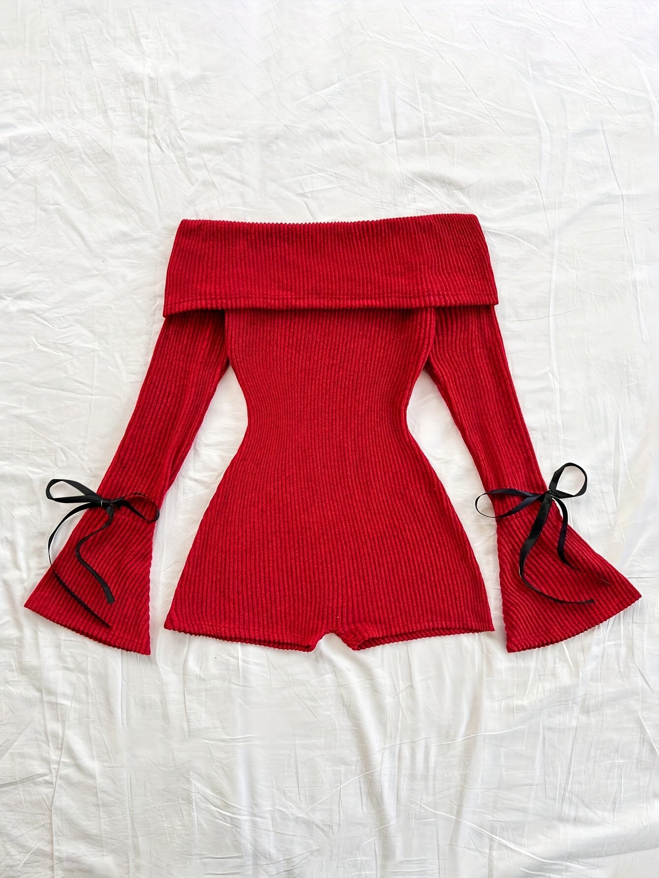 Elegant Direction Women'S New Autumn And Winter Knitted Solid Color Off-Shoulder Long Sleeve Flared Jumpsuit.