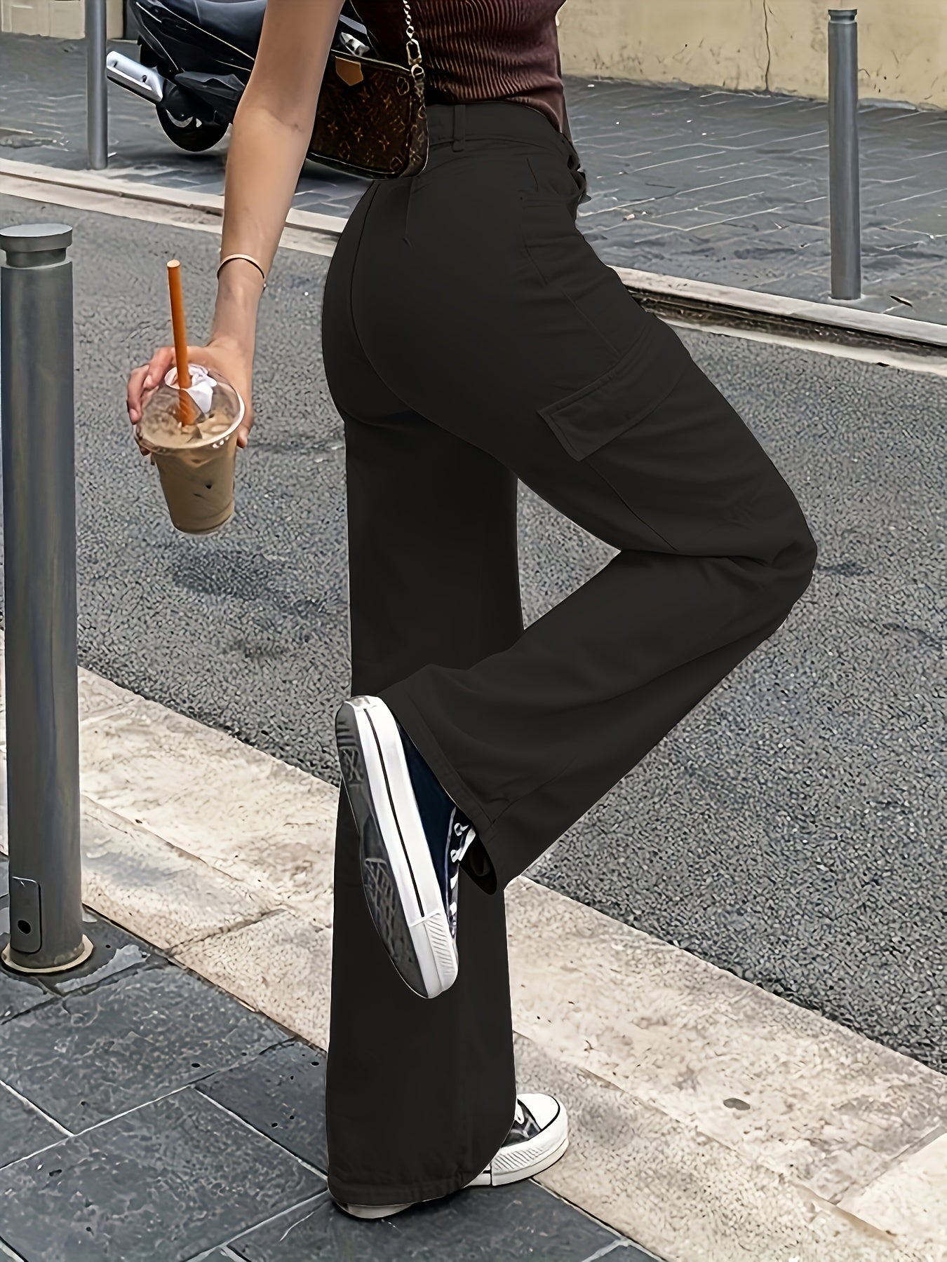 Women'S Casual Solid Cargo Pants, Polyester High Waist Wide Leg Pants with Pocket, All-Season Woven Fabric, 150g/㎡ Weight
